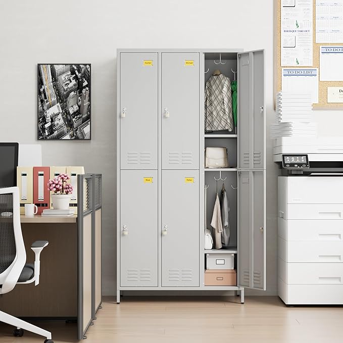 Metal Lockers for Employees with 6 Doors and 18 Hooks, 72”H Storage Locker with Card Slot for Office Gym School Bedroom, Light Gray, Assembly Required