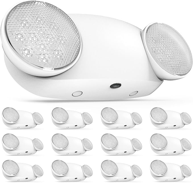Sunco 12 Pack Emergency Light Outdoor LED, Backup Battery, Two Adjustable Bug Eye Head Lights, 94V-0 Fire Resistant, 6500K, 200 Lumens 120-277V, 2W, Wall Mount, White UL