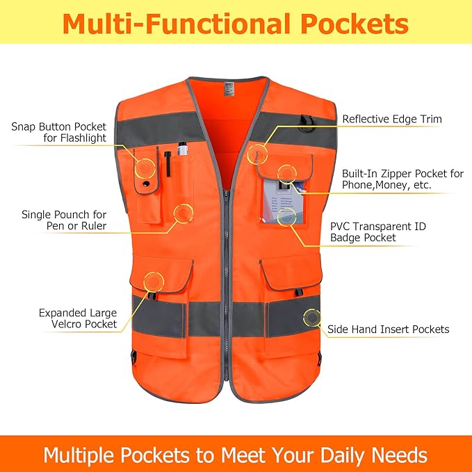 TCCFCCT High Visibility Vest 9 Pockets Hi Vis Reflective Safety Vest for Men Women, Construction Vest with Reflective Strips, Meets ANSI/ISEA Standards, (Orange, Small)