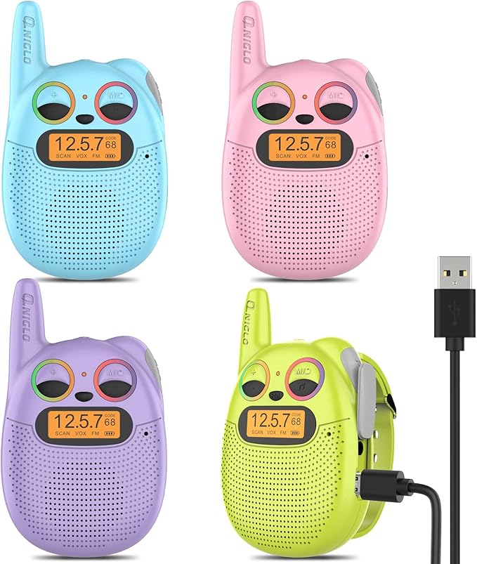 QNIGLO Kids Walkie Talkies 4 Pack, Rechargeable Walkie Talkies for Boys & Girls Ages 3-12, Long Range Two Way Radios with Lanyard and Wrist Strap, Perfect for Camping, Hiking & Outdoor Adventures