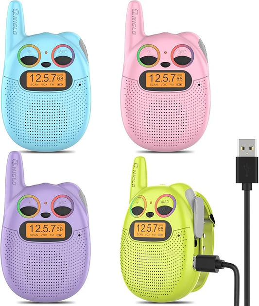 QNIGLO Kids Walkie Talkies 4 Pack, Rechargeable Walkie Talkies for Boys & Girls Ages 3-12, Long Range Two Way Radios with Lanyard and Wrist Strap, Perfect for Camping, Hiking & Outdoor Adventures