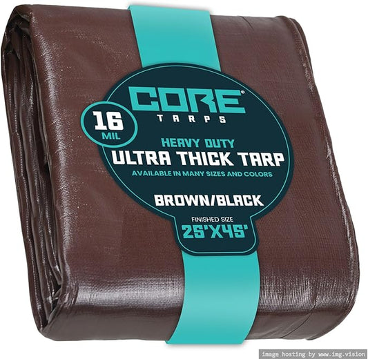 Core Tarps Extra Heavy Duty 16 Mil Tarp Cover, Waterproof, UV Resistant, Rip and Tear Proof, Poly Tarpaulin with Reinforced Edges for Roof, Camping, Patio, Pool, Boat (Brown/Black 25′ X 45′)
