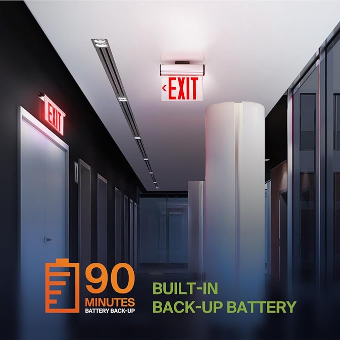 ASD LED Exit Sign with Battery Backup - 120/277V UL 3W Transparent Rotatable Emergency Exit Light for Business, Commercial Hardwired Damp Location Power Outage Lights, Red, 6 Pack