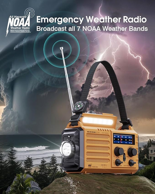 Emergency Weather Radio – 5-Way Powered NOAA Solar Hand Crank, AM/FM/SW, 18500mWh Power Bank, LED Flashlight, SOS Alarm – Portable Survival Radio for Power Outages & Storms (Yellow)