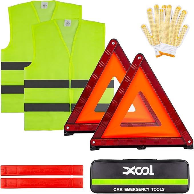 XOOL Emergency Warning Triangle Kit – Roadside Safety Kit with Reflective Warning Triangles, High-Visibility Safety Vests, Storage Bag & Gloves for Car Breakdowns & Emergencies
