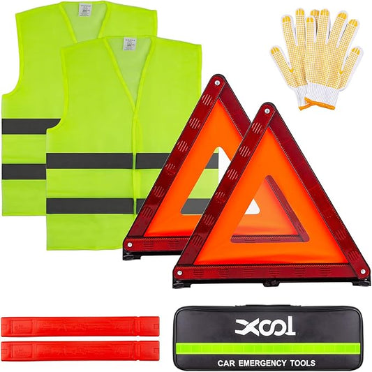 XOOL Emergency Warning Triangle Kit – Roadside Safety Kit with Reflective Warning Triangles, High-Visibility Safety Vests, Storage Bag & Gloves for Car Breakdowns & Emergencies
