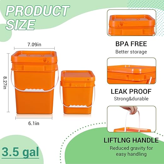 ASEVAT Orange 3.5 Gallon Bucket with Lid, Square Food Grade Storage Containers with Lids, Pail Container with Handle, Bucket for Cleaning Heavy-Duty Extra Durable BPA Free