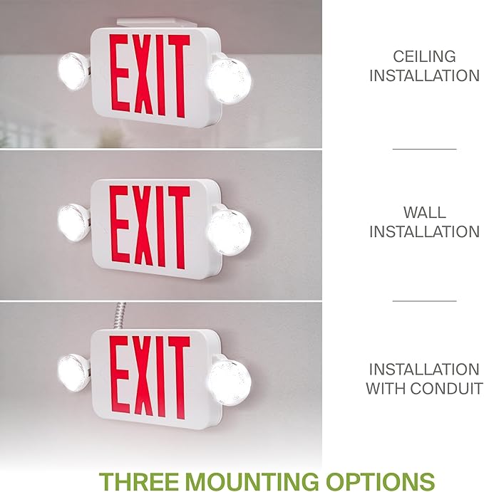ASD LED Exit Sign with Battery Backup & Round Rotatable Heads - 120-277V UL 2.2W Double Face Emergency Exit Light for Business, Commercial Damp Location Power Outage Lights, Red