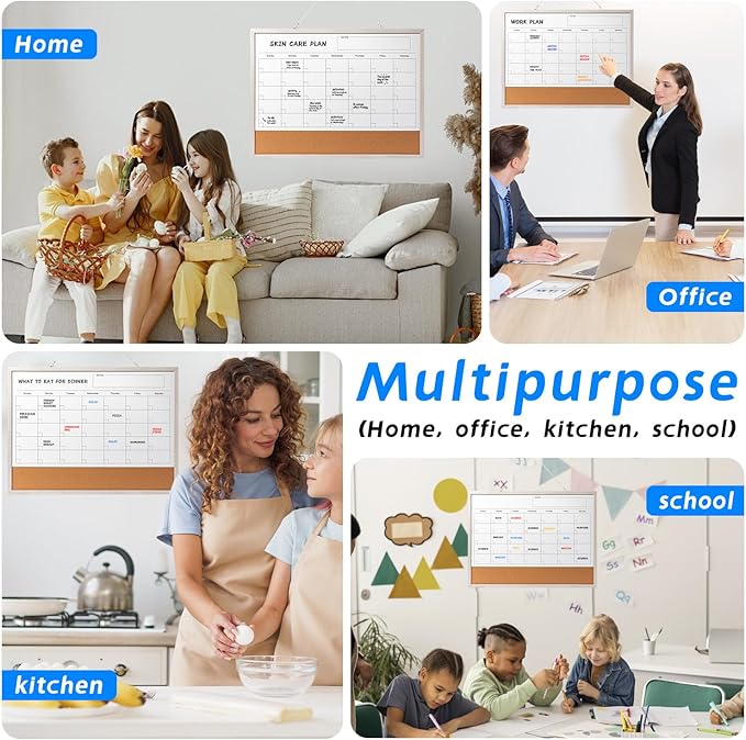 Dry Erase Calendar Whiteboard, 24" x 18" Magnetic Whiteboard Cork Board Combo, Reusable Monthly Planner with 8 Markers, Eraser, Magnets and Pushpins, Hanging Dry Erase Board for Home, School - White