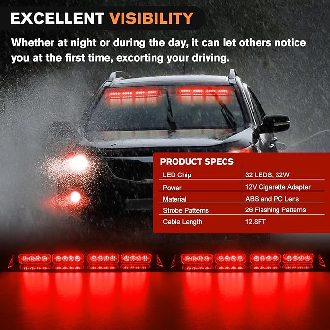 Nilight 32LED Red Emergency Dash Strobe Lights with Controller Suction Cups Warning Hazard Interior Front/Rear Windshield Deck Split Light Bar for Trucks Construction Vehicles