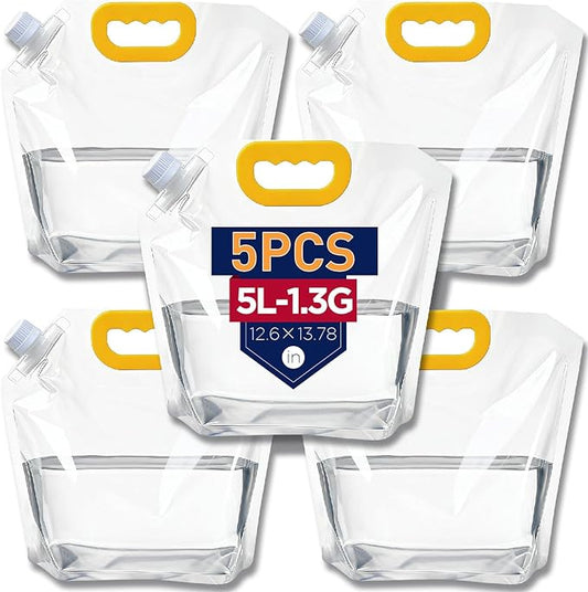 Collapsible Water Container Bag 5 Pcs 1.3 Gallon, Freezable Plastic Foldable Water Pouch with Handles,Leak-Proof Plastic Storage Jug for Outdoor Sport Camping Emergency Survival