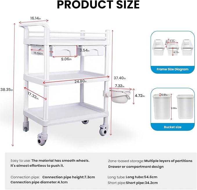 3 Tiers Medical Carts with 4 Wheels, Heavy Duty 330LBS Rolling Utility Cart with 2 Drawers, Trash Cans & Dirt Buckets, Medical Mobile Trolley Cart for Dental Clinics, Hospital and Beauty Salon
