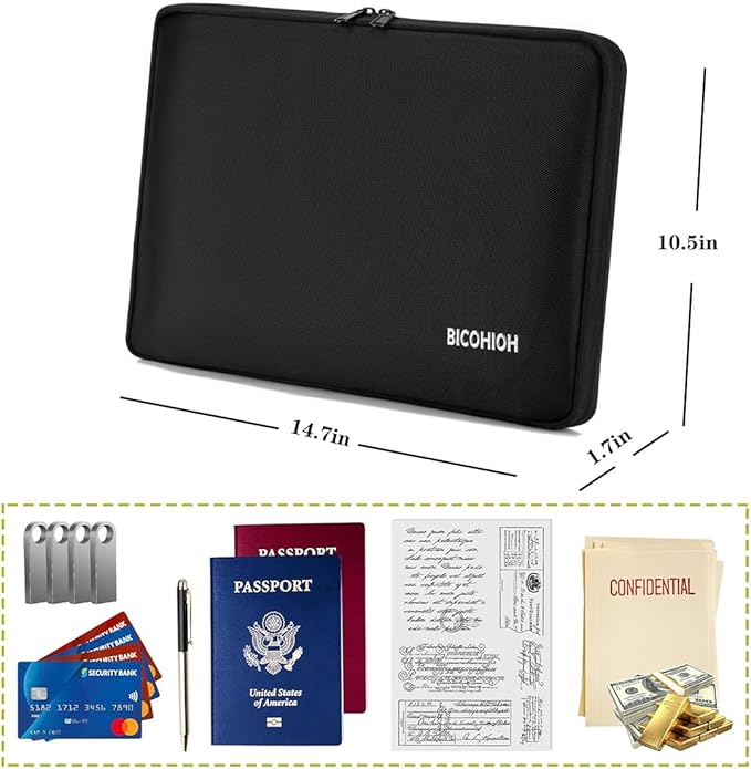 Portable Document Bag, Important Document Organizer, Storage Pouch File Folder for Important Papers, Emergency Binder, Birth Certificates, Social Security Cards, Passports, Photos (Black)