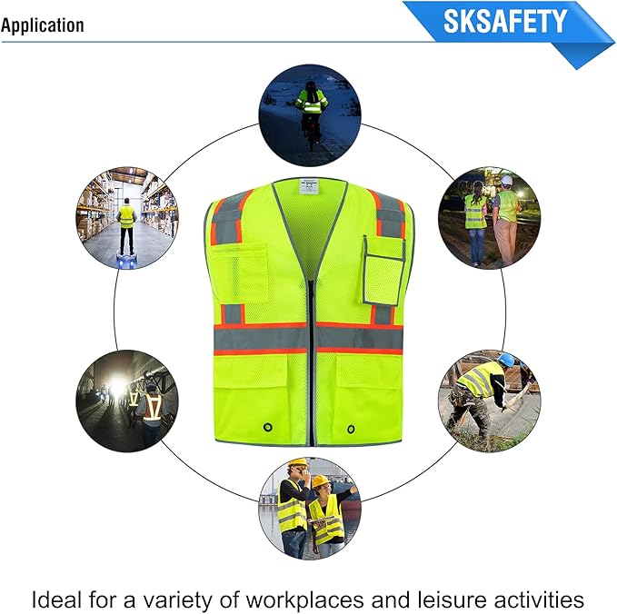 SKSAFETY 10 Pockets Safety Vest, Class 2 High Visibility Security with Zipper Double-sided mesh, Hi Vis Vest with Reflective Strips, ANSI/ISEA Standard, Construction Work Vest （Lime, L）