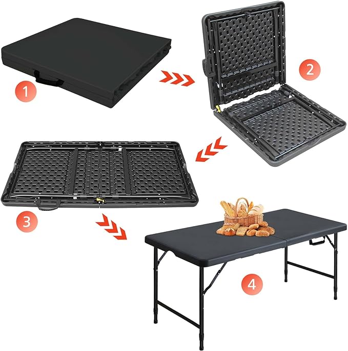 Portable 4Ft Adjustable Height Plastic Folding Table, Heavy Duty Fold-in-Half Table with Carrying Handle, Small Utility Foldable Table for Picnic Party Camping BBQ, Indoor/Outdoor(Black)