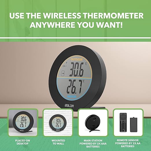 BALDR Wireless Indoor Outdoor Thermometer - 2.5” LCD Display Digital Thermometer for Home - Surface or Wall Thermometers Indoor & Outdoor Weather Station, Wireless Remote Transmitter Included (Black)