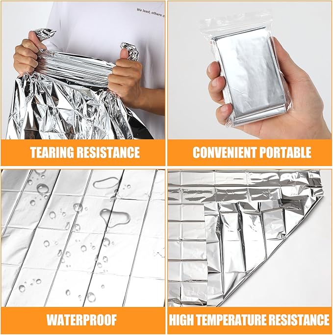 200PCS Emergency Blankets Foil Mylar Thermal Individually Wrapped, Waterproof Survival Blanket for Camping, Outdoors, First Aid Kit Travel