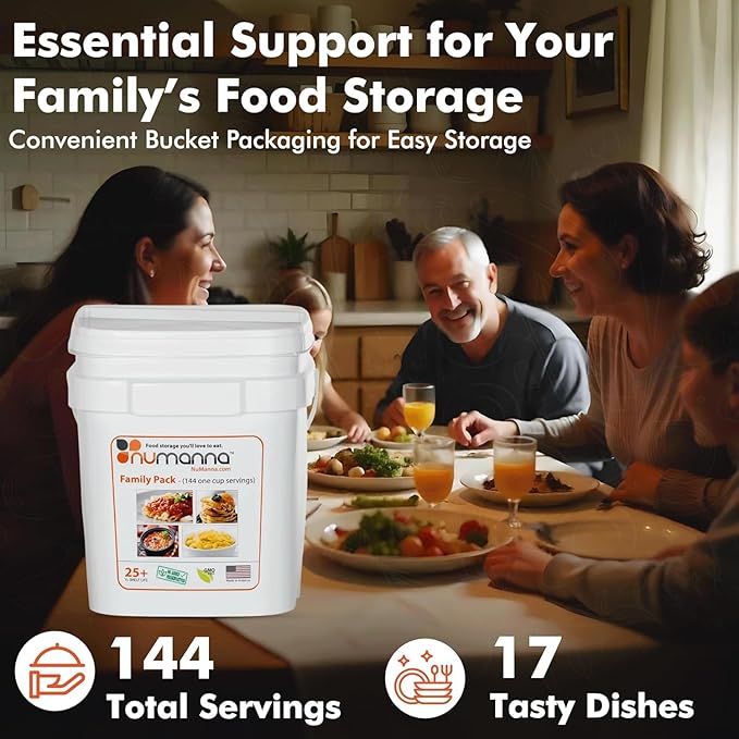 Numanna Family Pack Emergency Food Storage Bucket – 864 Servings, 60 lbs | 6-Months Survival Meal Kit for Long-Term Preparedness | Non-GMO Freeze-Dried Meals in Resealable Pouches | Healthy, Nutritious Everyday Food Supply | 25+ Year Shelf Life | Made ...
