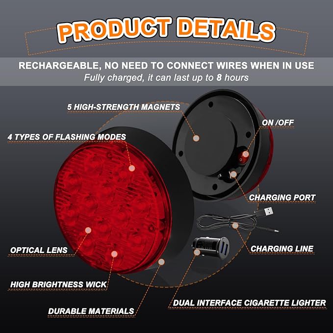 2PCS Magnetic Red Strobe Lights for Trucks, Battery Powered LED Rechargeable Flashing Lights for Vehicles, Red Beacon Wireless Roadside Emergency Safety Warning Lights for Trucks Trailer Car