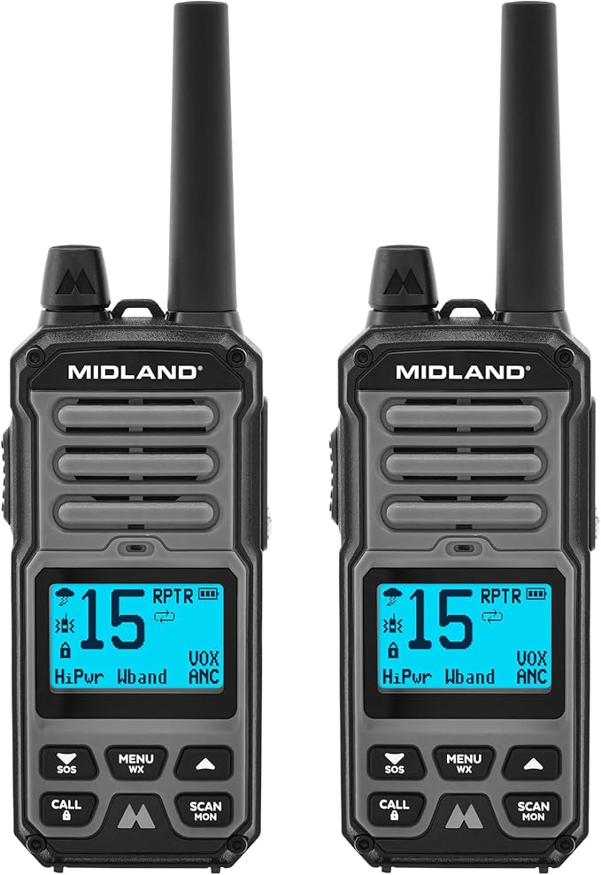 Midland GXT67 PRO 5W GMRS Radio - Two-Way Midland Walkie Talkie - Repeater Capable, IP67 Waterproof, Active Noise Canceling, Hands-Free Operation, 99 Channels, 16-Hour Battery - 2 Pack