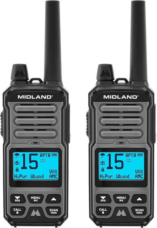 Midland GXT67 PRO 5W GMRS Radio - Two-Way Midland Walkie Talkie - Repeater Capable, IP67 Waterproof, Active Noise Canceling, Hands-Free Operation, 99 Channels, 16-Hour Battery - 2 Pack