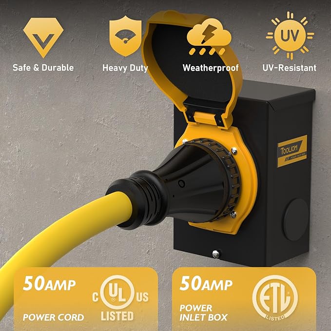 TOOLIOM 50 Amp Generator Power Inlet Box, NEMA SS2-50P Power Inlet Box and 50 Amp RV Power Extension Cord, 25FT NEMA 14-50P to SS2-50R Generator Extension Cord