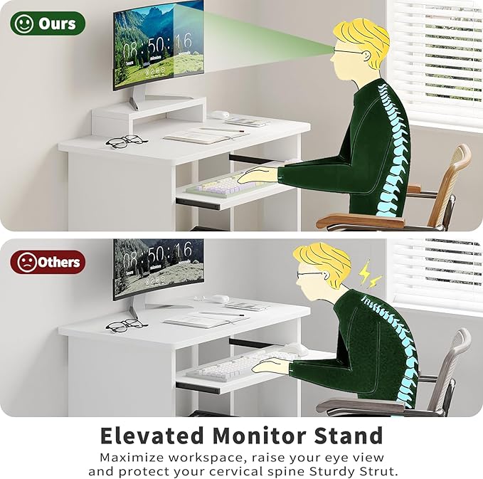 ALISENED 30" Small Computer Desk with Keyboard Tray Monitor Stand, Study Writing Desk with Storage Shelves, Modern Workstation for Small Spaces, Save Space, White