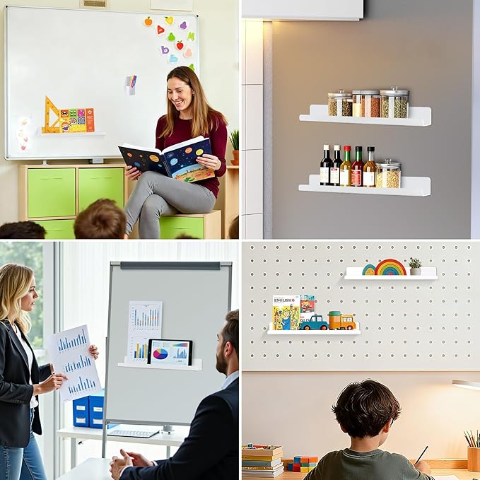 2-Pack Magnetic Shelf for Whiteboard Organizer, Holds 10 lbs Acrylic Magnetic Bookshelf Whiteboard with Pen Holder, White Board Shelf for Classroom Office Kitchen