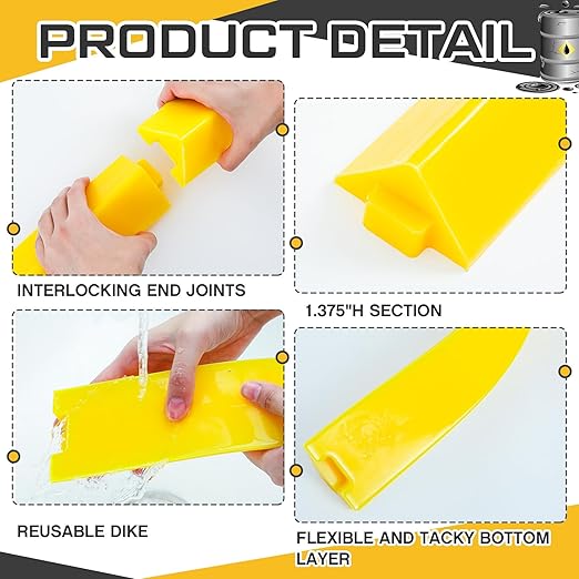 3 Pcs Spill Barrier Dike 5'L x 2.6"W x 1.5"H Water Dam Barrier Liquid Blocker for Garage Home Floor Flooding Solutions(Yellow)