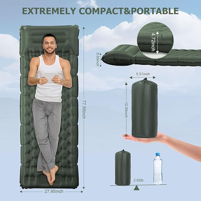 Sleeping Pad, 4.7" Extra-Thick & Ultralight Inflatable Camping Mat with Pillow, Built-in Foot Pump, Compact for Backpacking, Camping, Hiking, Travel —Military Green