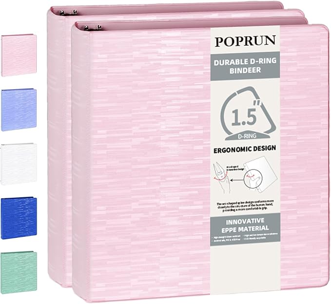 POPRUN 3 D Ring Binder 1.5 Inch, PVC-Free, Holds 375 Sheets of 8.5 x 11 Paper, Extra Durable Organizer with 2 Pockets for School & Office, Heavy-Duty, 2 Pack, Pink