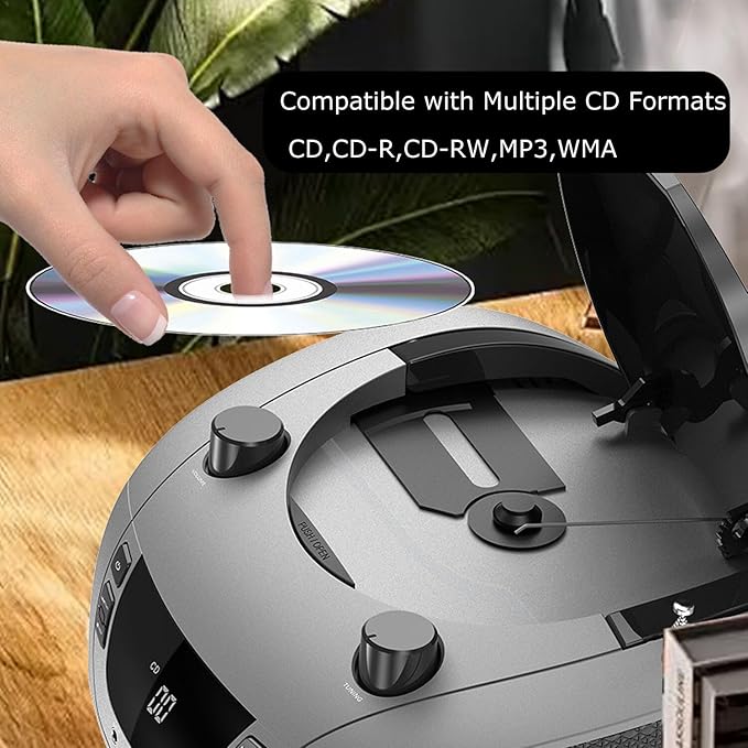 LONPOO Portable CD Boombox -FM & AM Radio, CD Player, Bluetooth, USB, MP3, AUX,Portable, Built-in Stereo Speakers, Carrying Handle, LCD Display,Grey
