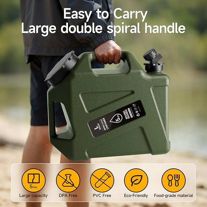 5GAL Camping Water Jug, Portable Water Storage Container with Spigot, Leak-Proof Lid & Dual Handles, Outdoor Water Tank for Camping, RV, Emergency Preparedness