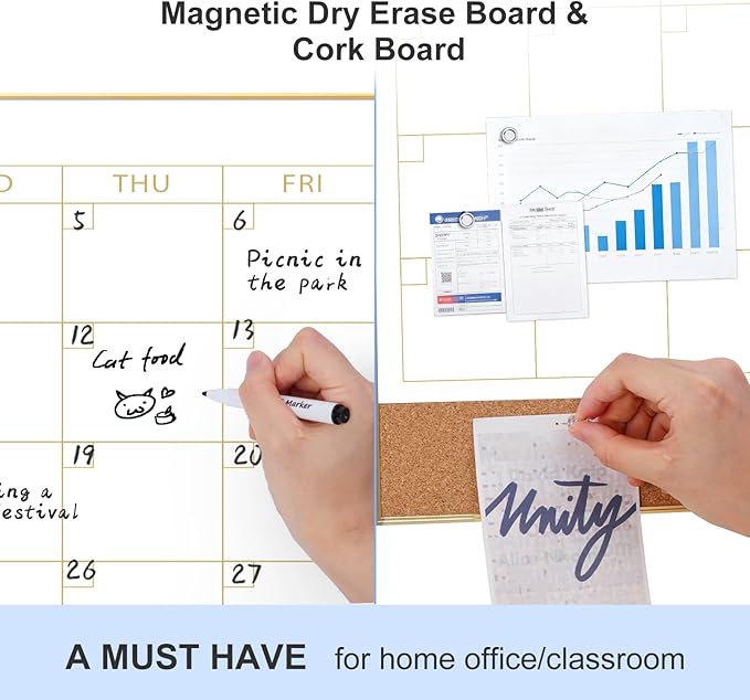 ARCOBIS Large Dry Erase Calendar with Cork for Wall, 48"x 30" Magnetic Calendar Whiteboard with Gold Frame, Monthly Combination Board for School, Home, Office