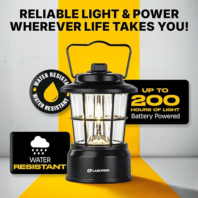 LUXPRO Retro LED Lantern - Battery-Powered Emergency Lantern - Water Resistant - Bright LED Lamp for Indoor & Outdoor Use - Use for Tents, Hiking or Hurricane Prep (Black, Pack of 1)