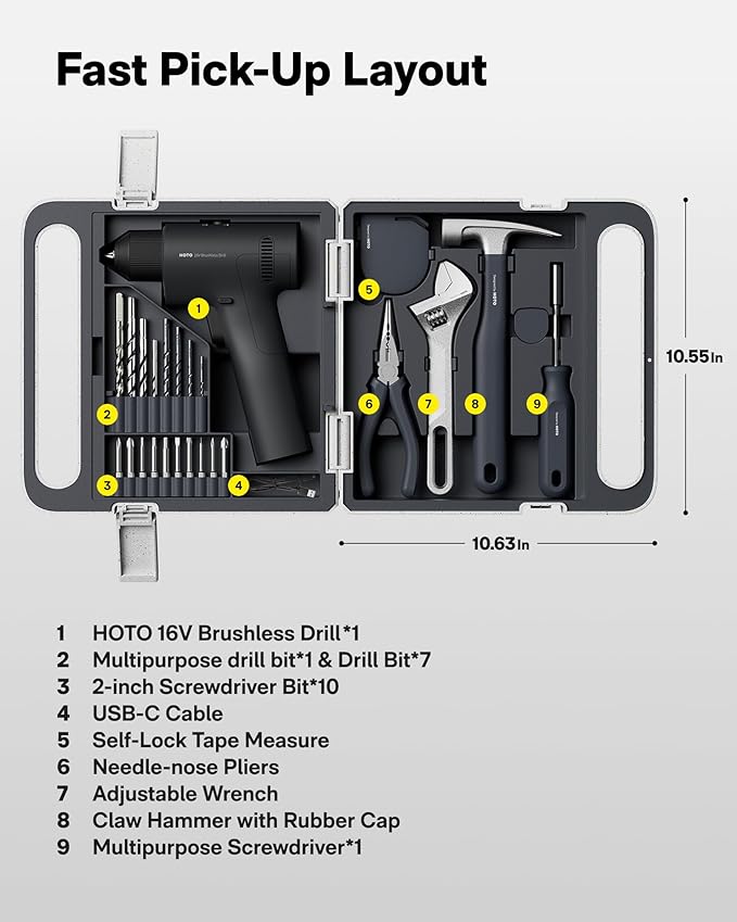 HOTO 25PCS Household Tool Kit with 16V Brushless Drill, Smart Display, 50 N·m Torque, 32 Torque Settings, USB-C Charging, LED Light, Includes Hammer, Wrench, Pliers, 8 x Drill Bits, 10 x Bits