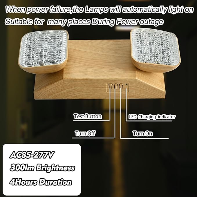 Plug in Emergency Lights for Business Home Power Failure 4Hours 300lm LED Rechargeable Light Fixtures with Battery Backup, AC85-277V -Wood