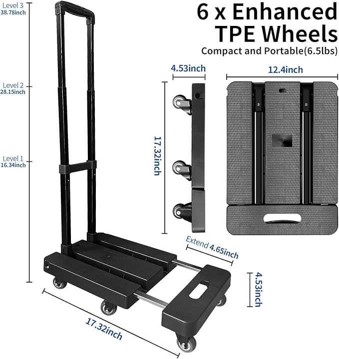 Folding Hand Truck,VDHU 650LB Heavy Duty Dolly Cart,Portable Utility Dolly 6 Wheels Luggage Cart with 2 Elastic Ropes,Extendable Platform Truck for Luggage, Travel, Moving Office Use, Black