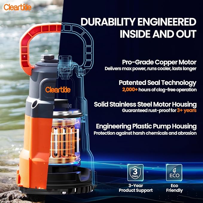 Cleartide Submersible Sump Pump, 1/4 HP Utility Water Pump for Pool Draining, Hot Tub, Basement,100% Copper Motor, Electric Drain Pump Handles 1/8" Solids, 10 FT Cord