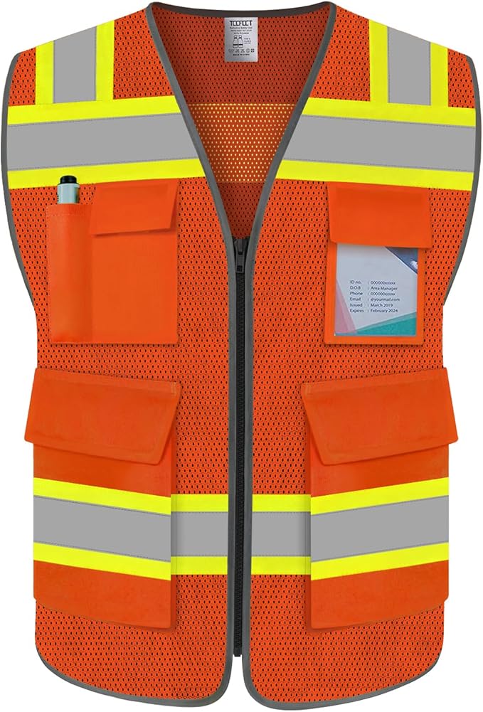 TCCFCCT Safety Vest for Men Women 5 Pockets Mesh High Visibility Reflective Vest with Reinforced Zipper, Durable Construction Work Vest with Fluorescent Orange Edge, Meets ANSI/ISEA, DW-Orange, 3XL