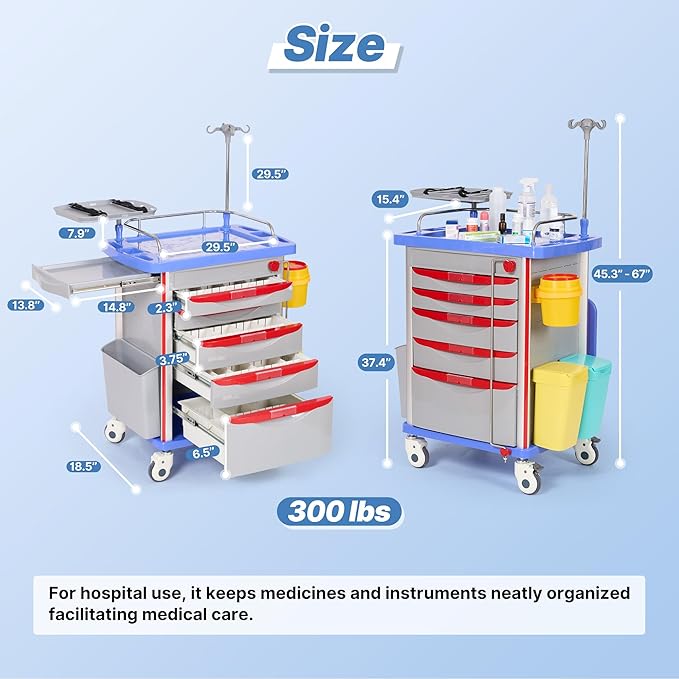 Careboda Medical Crash Cart with Drawers, Emergency Rolling Cart with Silent Casters, Adjustable IV Pole, Power Strips, ABS Trash Bin, O2 Holder, for Hospitals, Clinic, Nursing Centers, 350lbs
