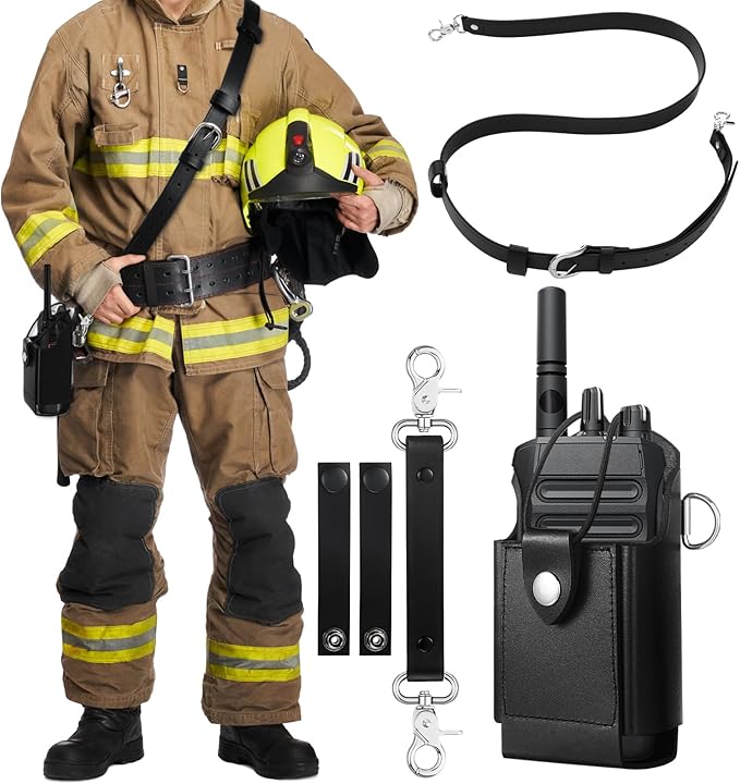 Eccliy Radio Strap Firefighter Leather Radio Holster EMS EMT Bundle Set with Belt, Strap, Anti-sway Tape for Firefighters, EMT, Police, Search and Rescue