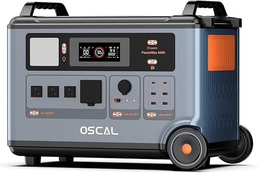 OSCAL PowerMax 6000 Solar Generator, 120/240V Split Phase Voltage 6000W AC Outlets (9000W Peak), 3600Wh LFP Battery Power Station, Expandable to 57.6kWh, 2200W/1.96H Fast Charging for Home, Emergency