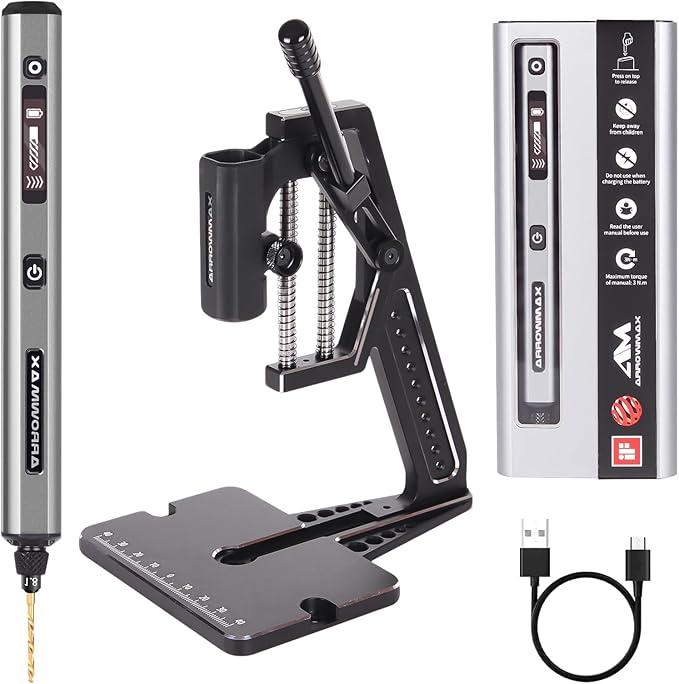 AM ARROWMAX 5-Speed Mini Electric Drill Pen with Benchtop Press, 10 Small Bits with Aluminium Box, LED Lights, OLED Display, Resin Drill Set For Jewelry Making, Plastic, Wood