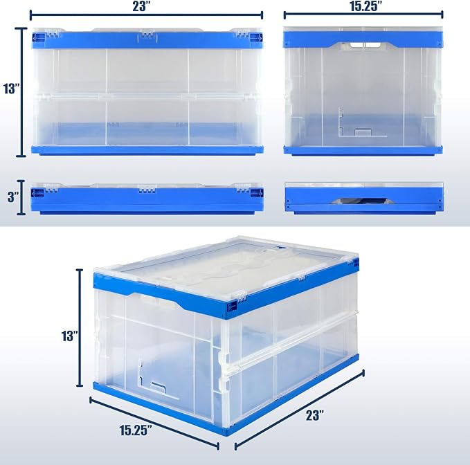 Mount-It! Folding Plastic Storage Crate, Collapsible Utility Distribution Container with Attached Lid, 23x15x13 Inches, 65L Liter Capacity, Clear (SET OF 3)