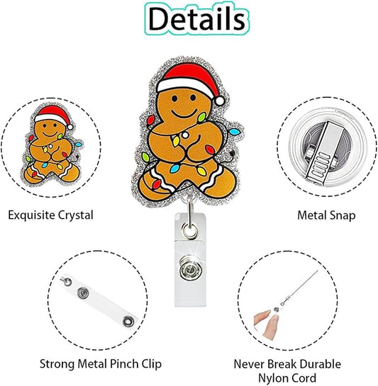 Gingerbread Man Badge Reel Glitter Christmas Badge Holder Retractable ID Name Tag Xmas Badge Reels Gingerbread Man Light String Christmas Acrylic Alligator Badge Clip for Doctor Nurse Office Staff