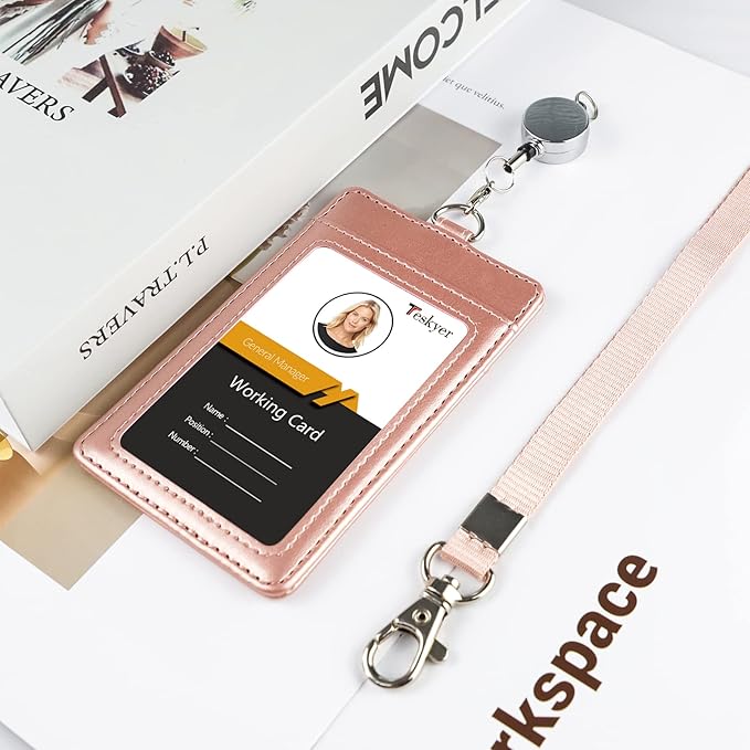 Teskyer Leather Badge Holder with Lanyard and Badge Reel, Retractable Lanyard ID Card Holder for Office School Name Work IDs, Rose Gold