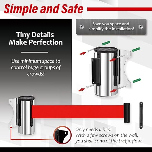 DuraSteel Wall Mount Crowd Control Retractable Belt Barrier - 9.2 Ft Red Retractables Barrier Belt w/Stainless Steel Casing - Do Not Enter Crowd Control Barriers NOT Stanchions with Retractable Belts