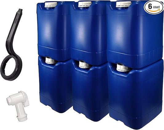 API Kirk Containers 5 Gallon Samson Stackers, Blue, 6 Pack (30 Gallons), Emergency Water Storage Kit - New! - Clean! - Boxed! Kit Includes one Spigot & Wrench