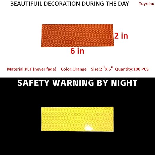Non Fading Orange Reflective Stickers 2 inch X 6 inch, Outdoor Waterproof High Visibility Warning Safety Adhesive Reflector Tape (100 Pcs)